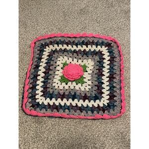 Handmade Crochet Pillowcase 3D Rose Floral Granny Square 20x20 Boho Multicolor